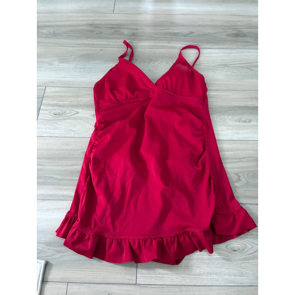 Jantzen‎ Red Swim Dress Ruched Ruffle One Piece Swimsuit Womens 10